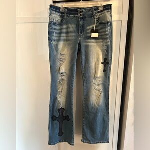 Flamingals Women’s Urban distressed denim flare jeans cross details New NWT XL